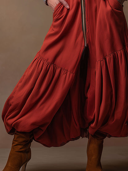 Casual Retro Zip-up Denim Patchwork Red Sweatshirt Dress With Tulip-shaped Maxi Dress