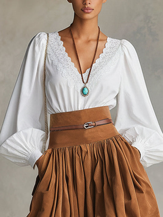 V-neck Lace-trimmed Bubble Cotton Long-sleeved Shirt