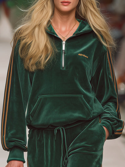 Casual Sports Green Velvet Sweatshirt And Pants Set