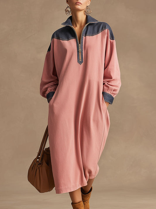 Casual Retro Pink And Blue Denim Long-sleeved Half-zip Midi Dress