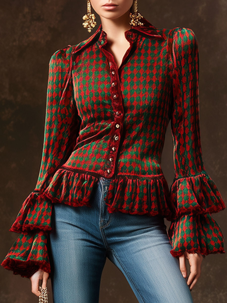Trendy Retro Red And Green Houndstooth Velvet Long-sleeved Ruffle Shirt