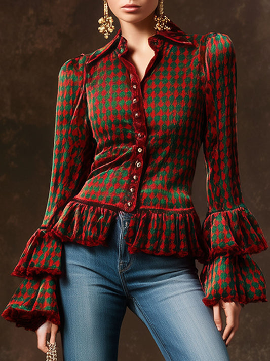 Trendy Retro Red And Green Houndstooth Velvet Long-sleeved Ruffle Shirt