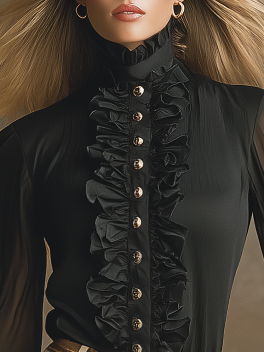 Stylish And Elegant Ruffle Trim Black Chiffon Shirt