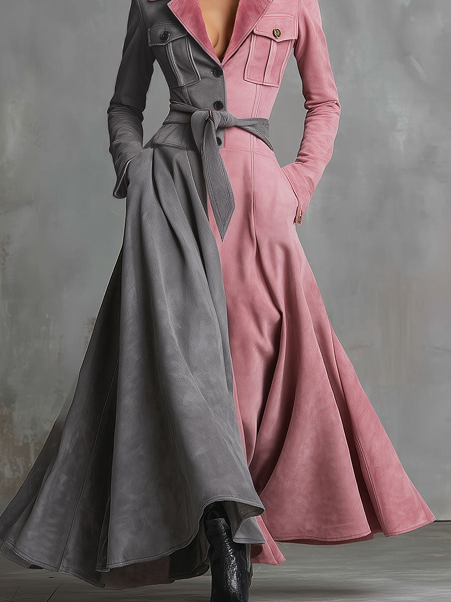 Western-style Multi-pocket Single-breasted Color-blocked Faux Suede Maxi Dress