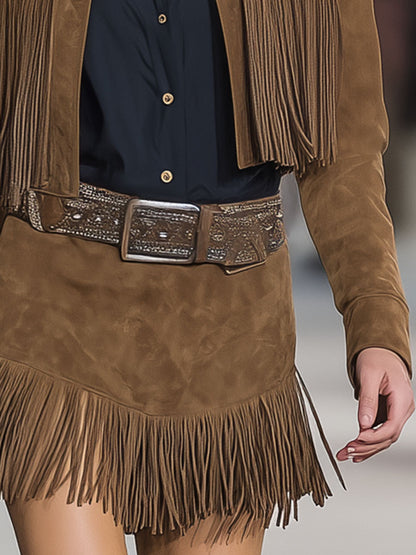 Brown Faux Suede Jacket And Skirt With Fringed Trim Set