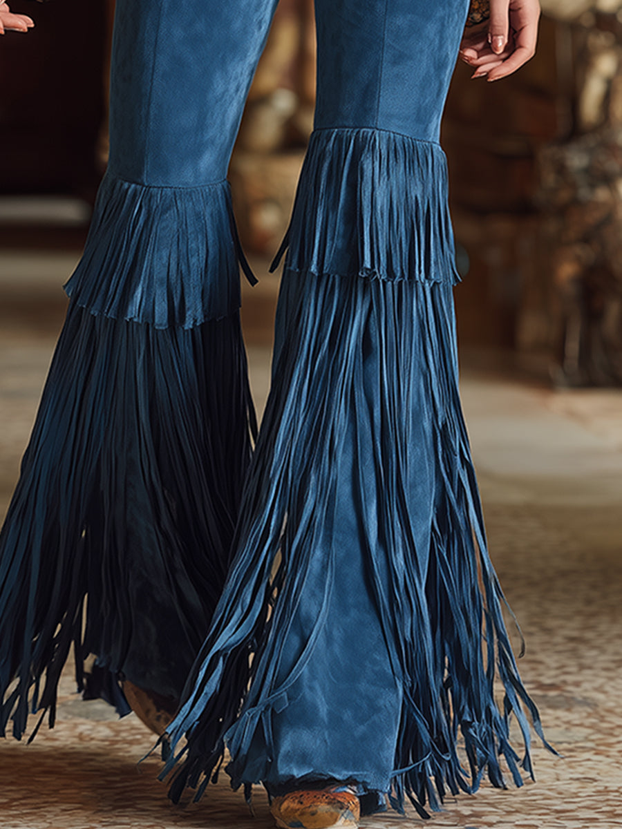 Trendy Retro Blue Double-layered Fringed Faux Suede Pants