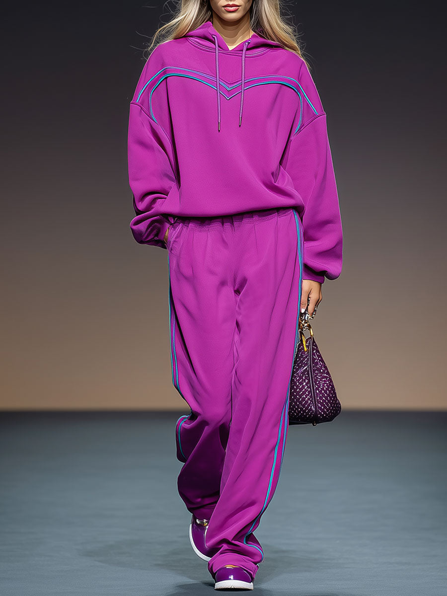 Sporty Retro Ribbon Trim Purple Hoodie Straight Leg Pants Set