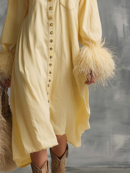 Casual Fashion Lapel Front Buckle Faux Fur Cuffs Light Yellow Cotton Loose Midi Dress