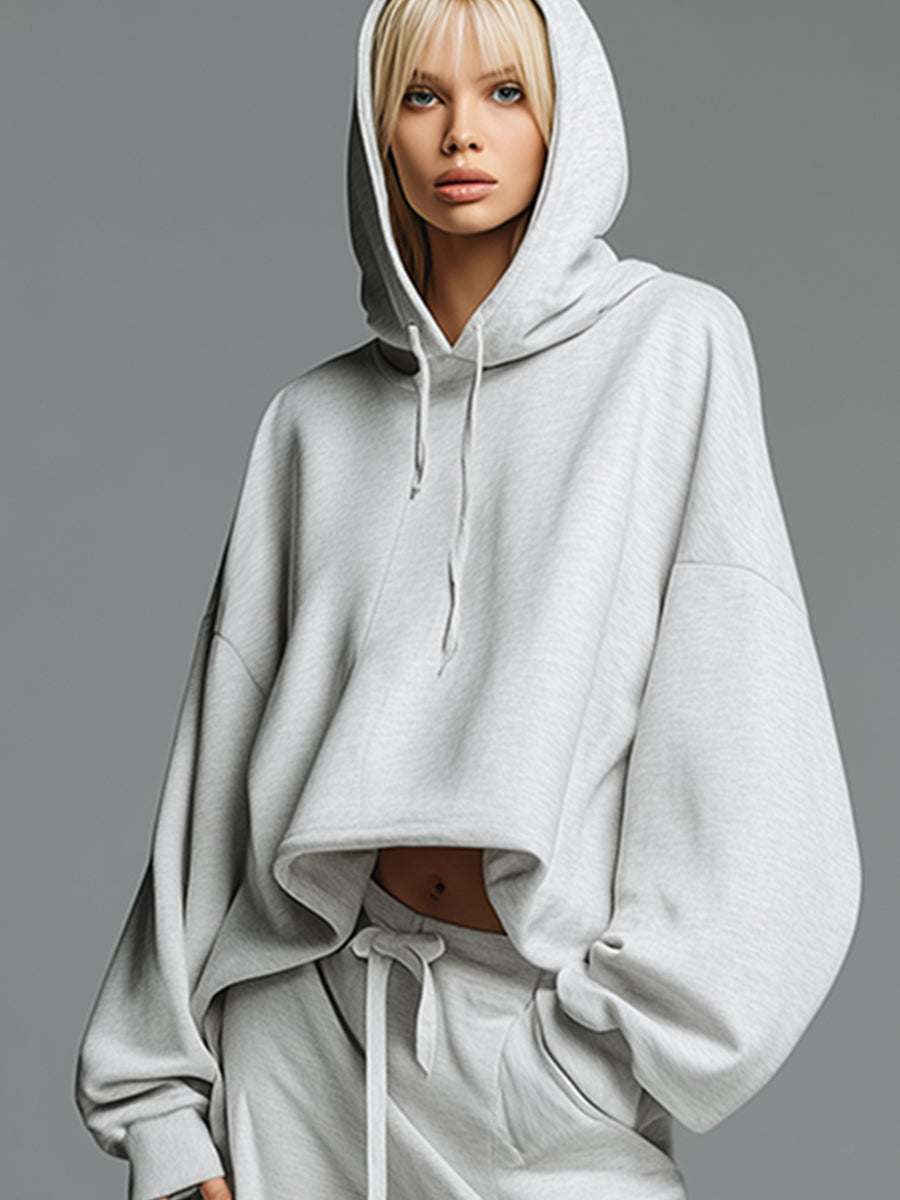 Casual Loose-fitting Grayish White Hooded Sweatshirt And Wide-leg Pants Sports Set