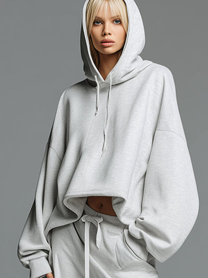 Casual Loose-fitting Grayish White Hooded Sweatshirt And Wide-leg Pants Sports Set