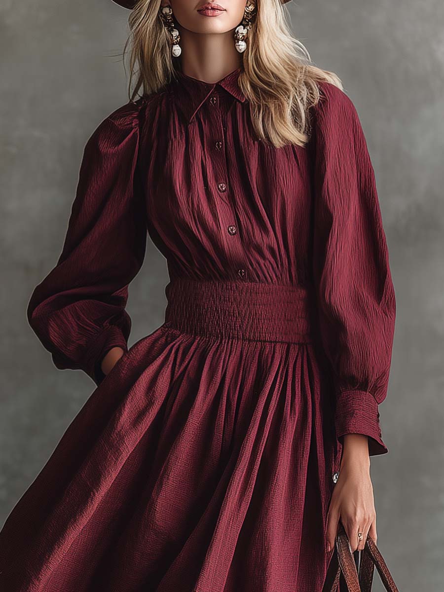 Vintage Western Countryside Lapel Button Front Bubble Hem Maroon Cotton Midi Dress