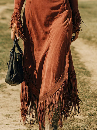 Western Retro Brick Red Cotton Long Sleeve Tassel Maxi Dress