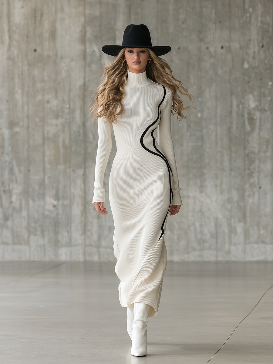 Simple High-neck Artistic-lined White Knit Maxi Dress