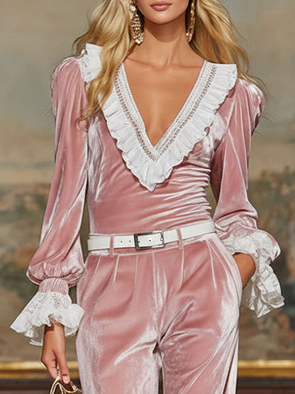 Velvet-trimmed Lace-trimmed Top And Wide-leg Pants Set