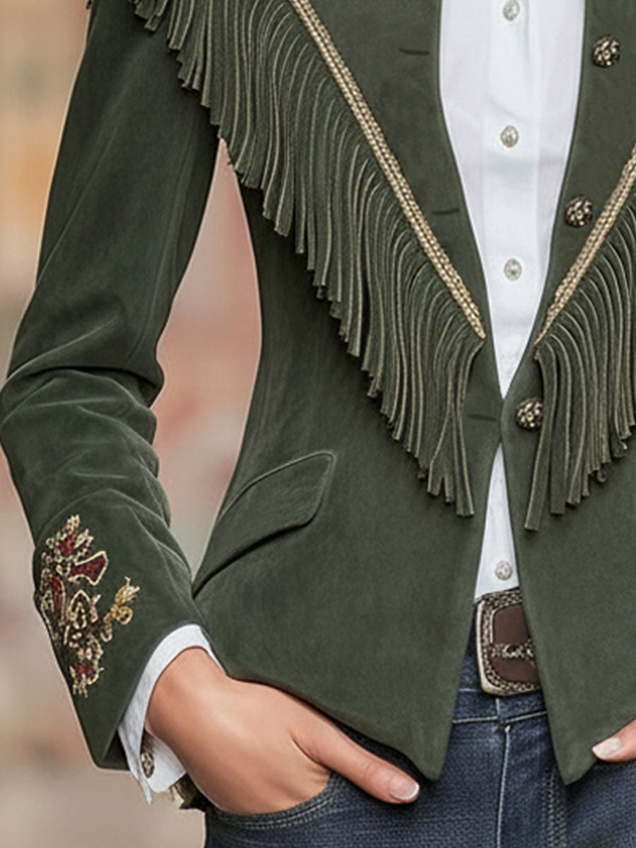 Western-style Embroidered Stand-up Collar Fringed Suede Jacket