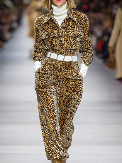 Western Casual Button Leopard Print Velvet Midi Dress