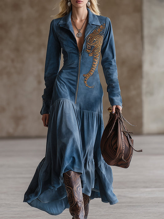 Retro-chic Western Tiger Embroidered Blue Faux Suede Maxi Dress
