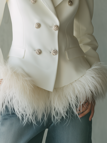 Urban Elegant Stylish Double-breasted Faux Fur Hem Blazer