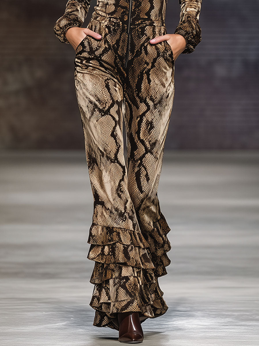 Casual Retro Ruffled Snakeskin Brown Velvet Long-sleeved Jumpsuit