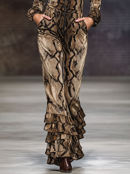 Casual Retro Ruffled Snakeskin Brown Velvet Long-sleeved Jumpsuit