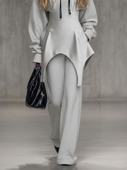 Trendy Sporty Grey Irregular Hem Hooded Sweatshirt And Pants Set