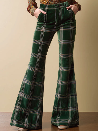 Vintage Emerald Plaid Print Velvet Flared Pants