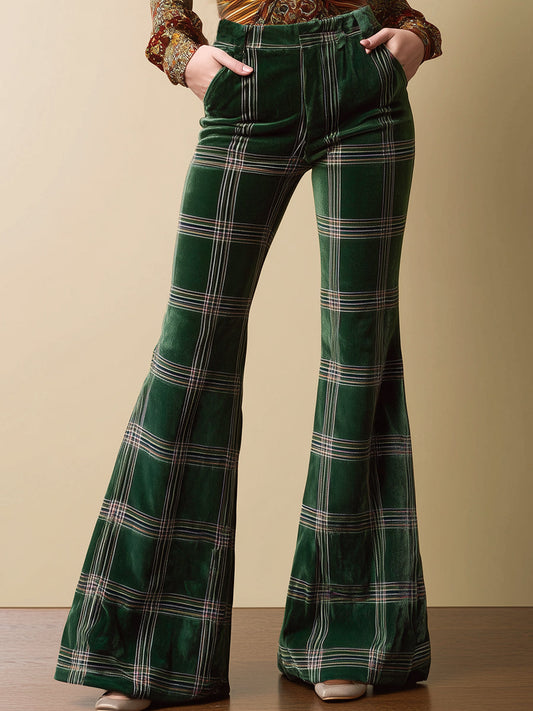 Vintage Emerald Plaid Print Velvet Flared Pants