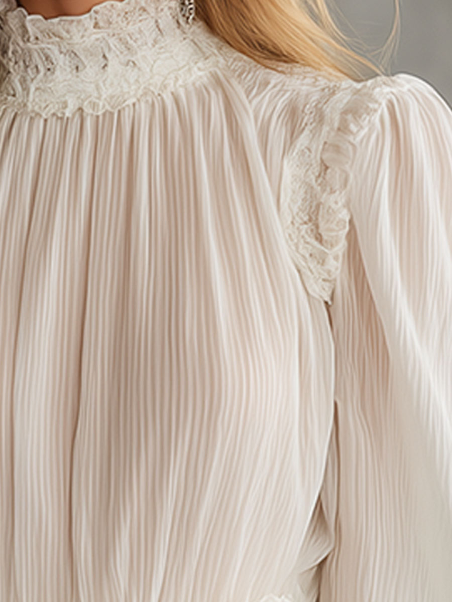 Stylish And Elegant White Chiffon Lace Ruffled Shirt