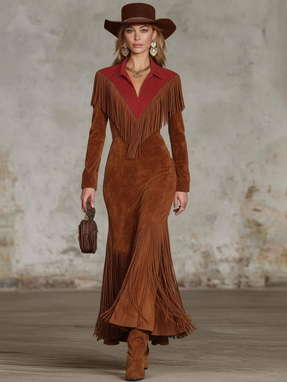 Western-style Color-blocked Fringed Suede Maxi Dress
