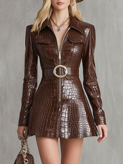 Vintage Brown Lapel Half-zip Faux Crocodile Mini Dress