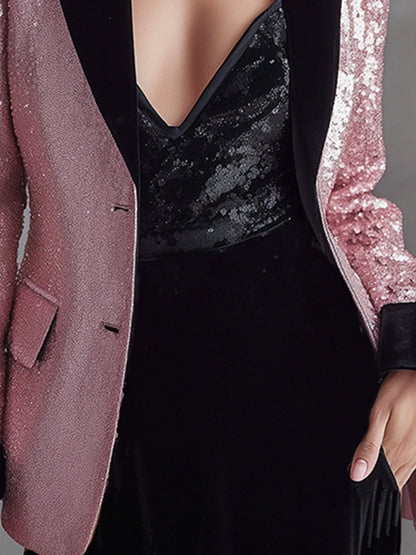 Stylish And Eye-catching Black Velvet Trim Pink Sequined Blazer