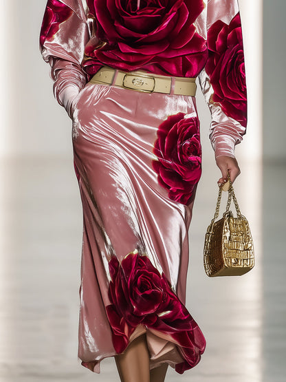 Casual And Stylish Rose Print Pink Velvet Hooded Midi Dress