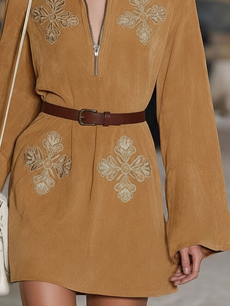 Western-style Geometric Embroidered Lapel Zipper Faux Suede Long-sleeved Mini Dress