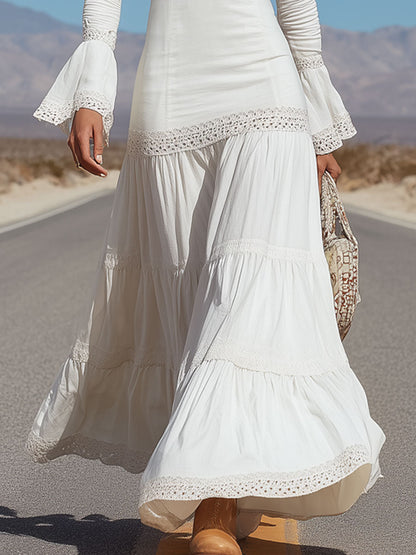 Western-style Vintage Lace-trimmed White Cotton-linen Long-sleeved Maxi Dress