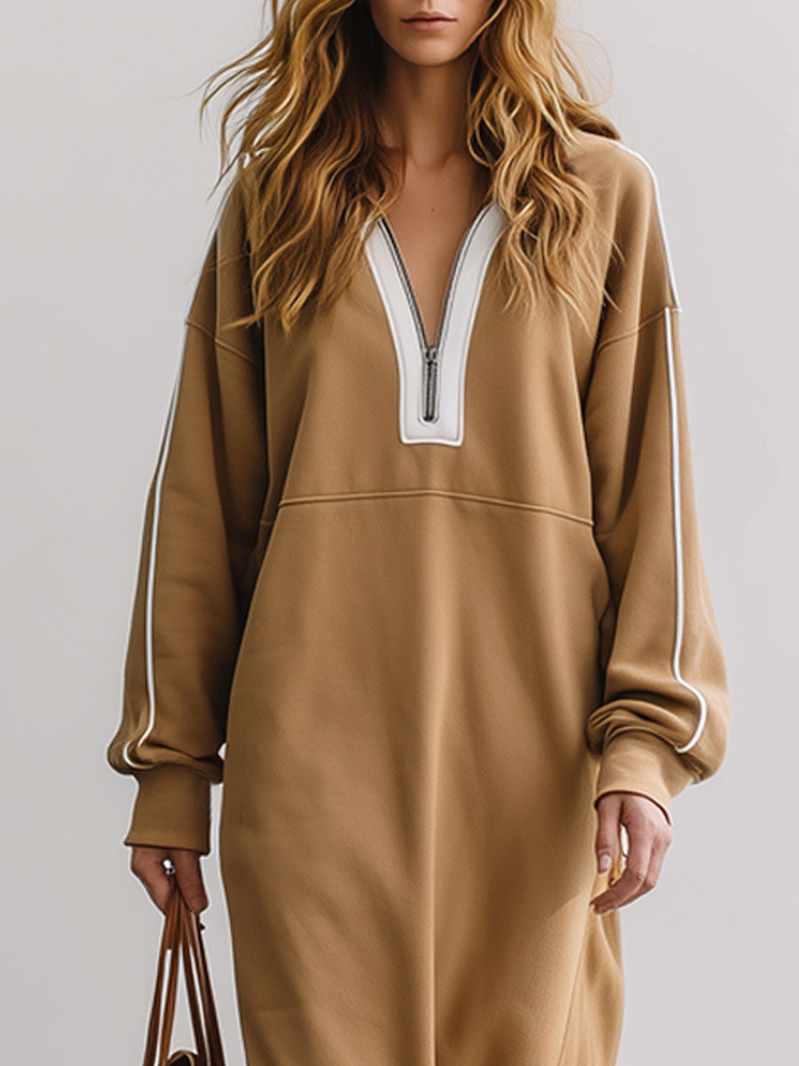 Casual Retro Half-zip Camel Cotton Fleece Slit Sporty Maxi Dress