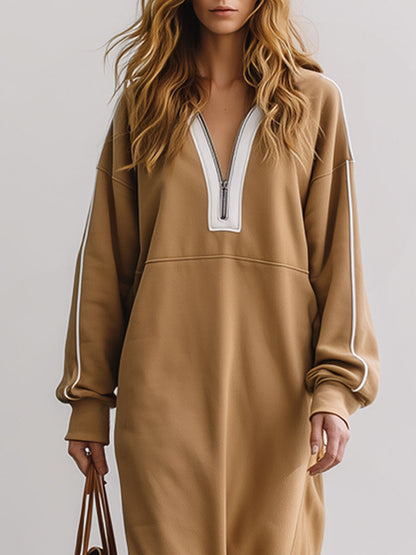 Casual Retro Half-zip Camel Cotton Fleece Slit Sporty Maxi Dress