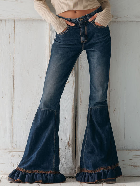 Western Retro Ruffled Dark Blue Flared Denim