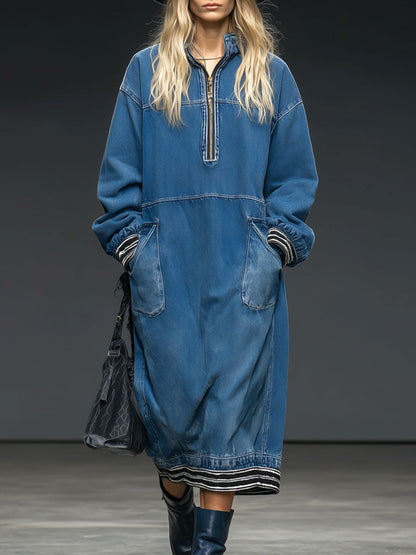 Casual Retro Half-zip Ribbed Blue Denim Long-sleeved Midi Dress