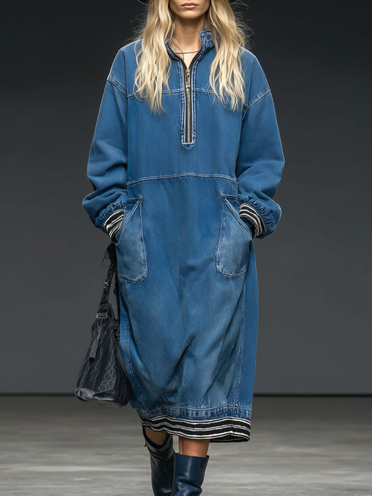 Casual Retro Half-zip Ribbed Blue Denim Long-sleeved Midi Dress