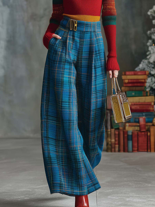 Vintage Fashion Versatile Blue Plaid Wide-leg Pants