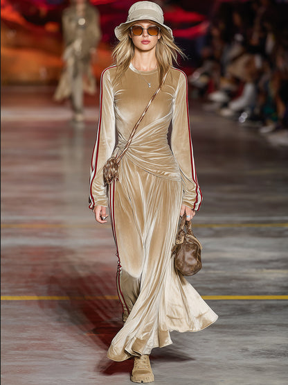 Casual And Stylish Red Striped Beige Velvet Sporty Maxi Dress