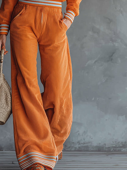 Trendy Sporty Orange Corduroy Half-zip Top And Wide-leg Pants Casual Set
