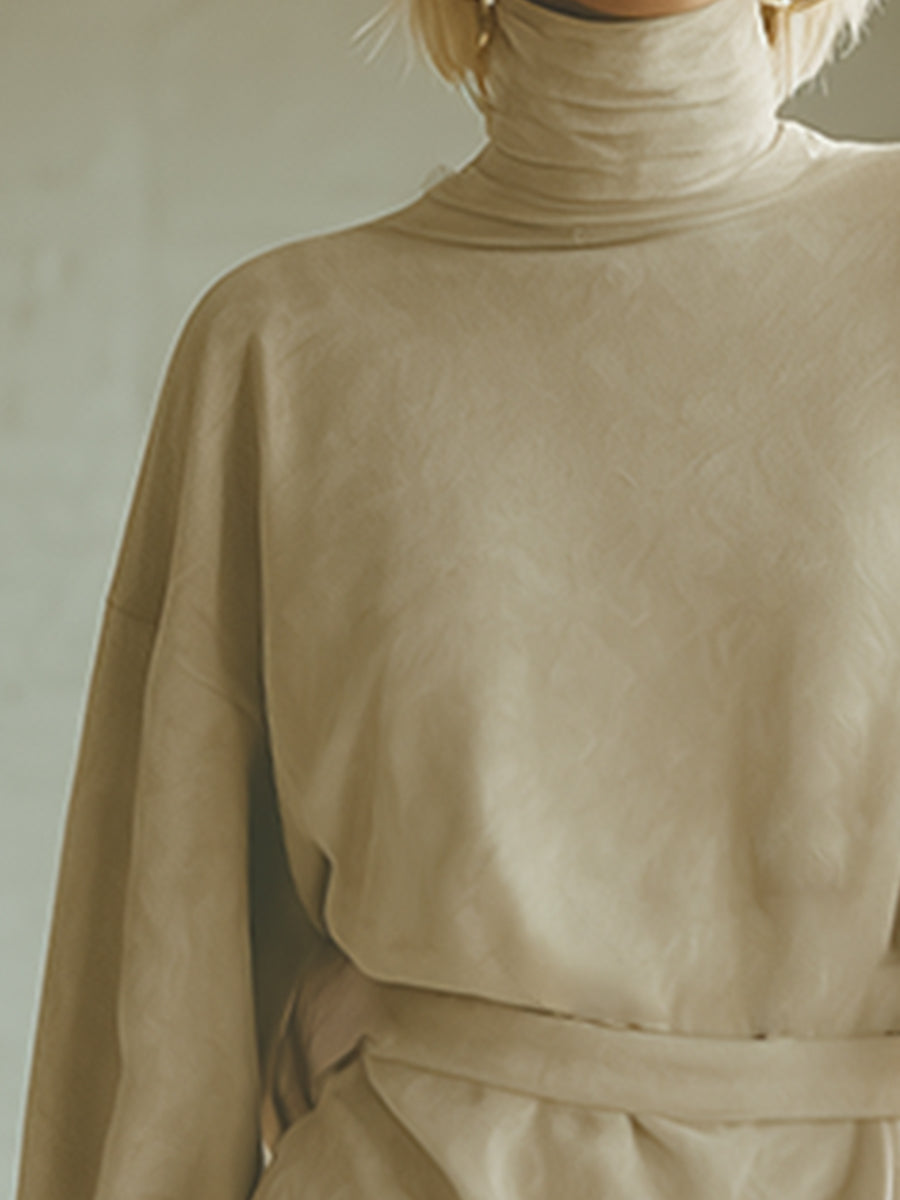 Stylish And Classic Beige Turtleneck Faux Suede Mini Dress