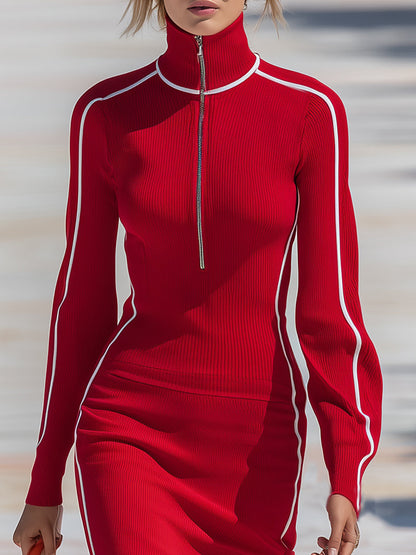 Stylish And Casual White-trimmed Turtleneck Zip-up Red Knit Midi Dress