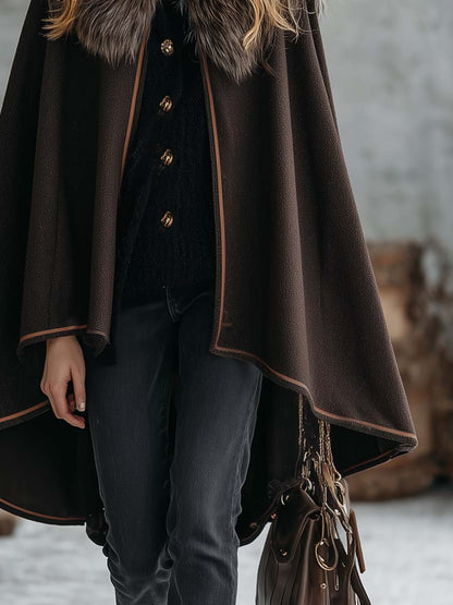 Vintage Warm Faux Fur Collar Dark Brown Woolen Cloak Coat