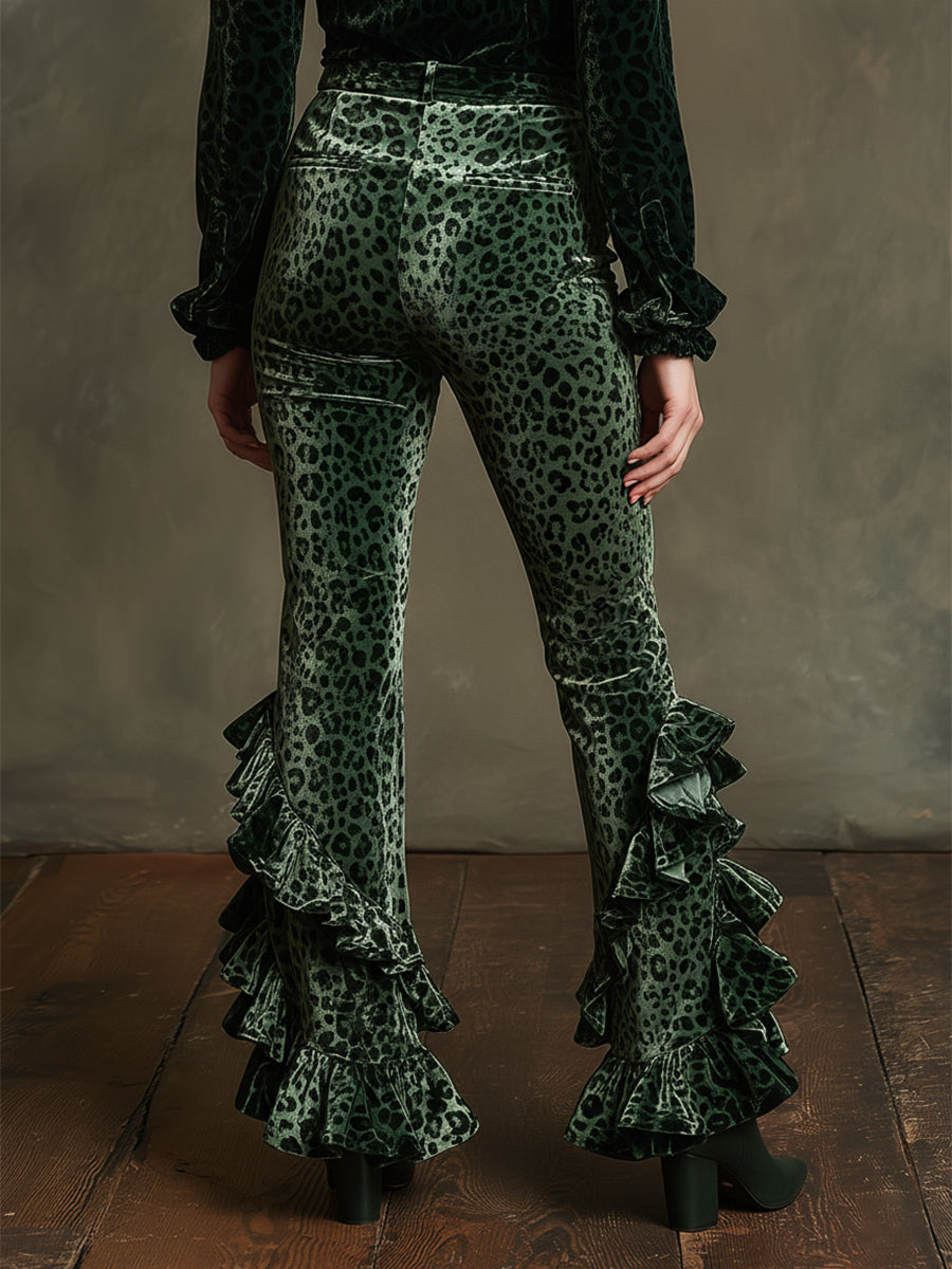 Vintage-style Ruffled Emerald Leopard Print Skinny Stretch Velvet Pants