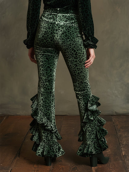 Vintage-style Ruffled Emerald Leopard Print Skinny Stretch Velvet Pants