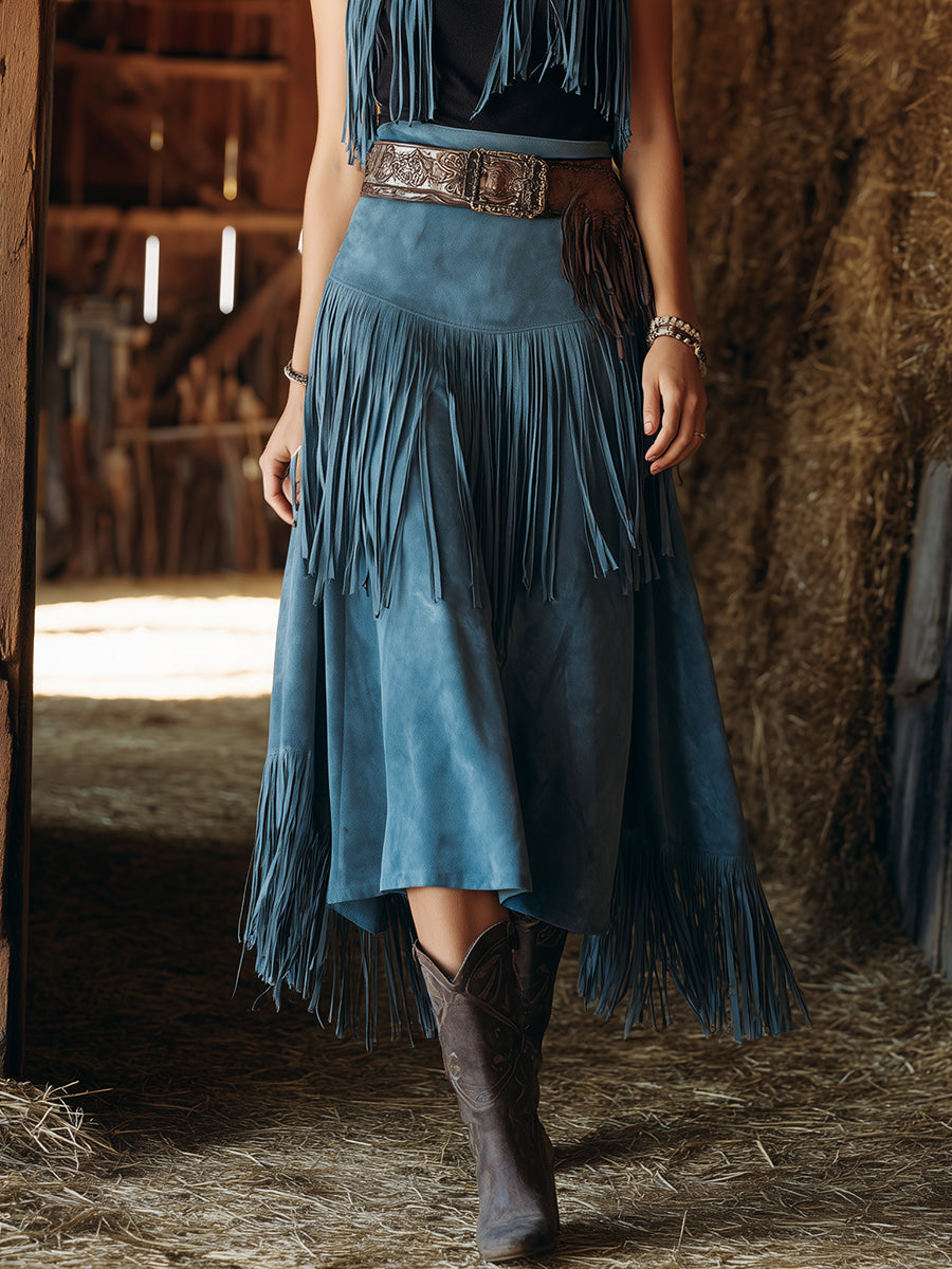 Western Blue Faux Suede Patchwork Fringe Midi Skirt