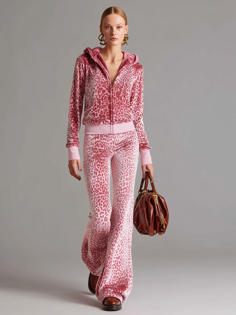 Casual Sporty Retro Pink Leopard Print Velvet Hoodie Flared Pants Set