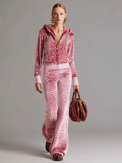 Casual Sporty Retro Pink Leopard Print Velvet Hoodie Flared Pants Set